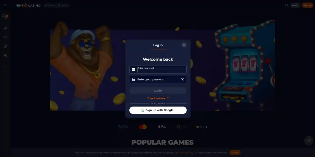 NineCasino account and registration interface context