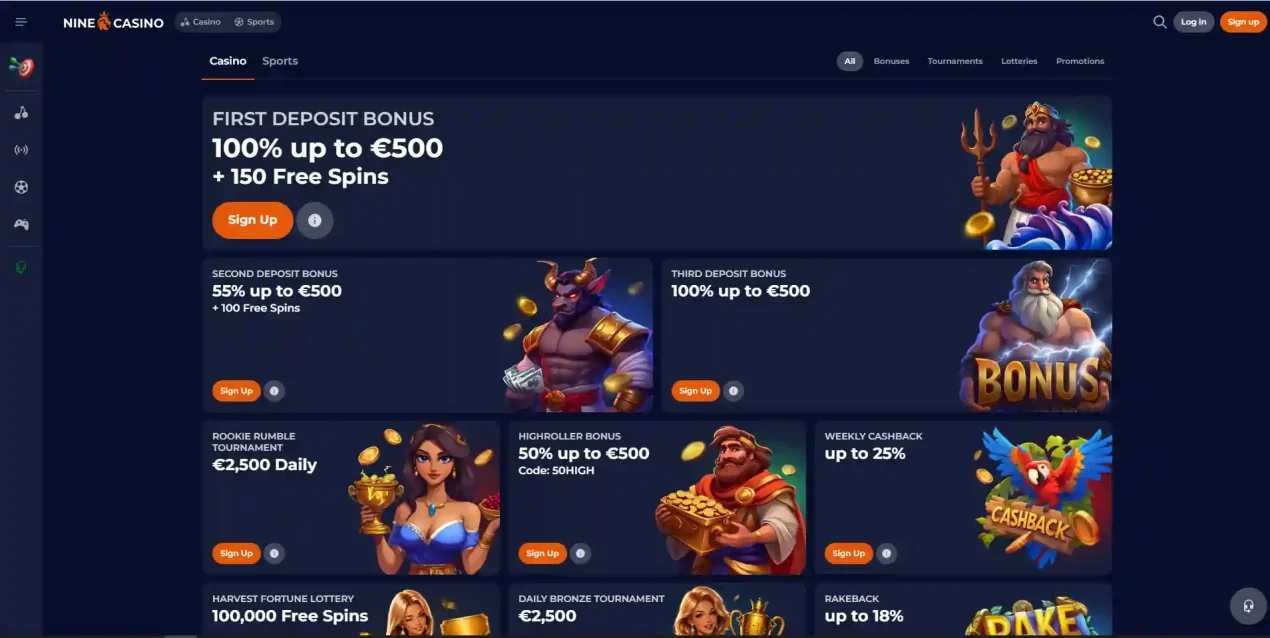 NineCasino promotions page context for checking advertised bonus terms