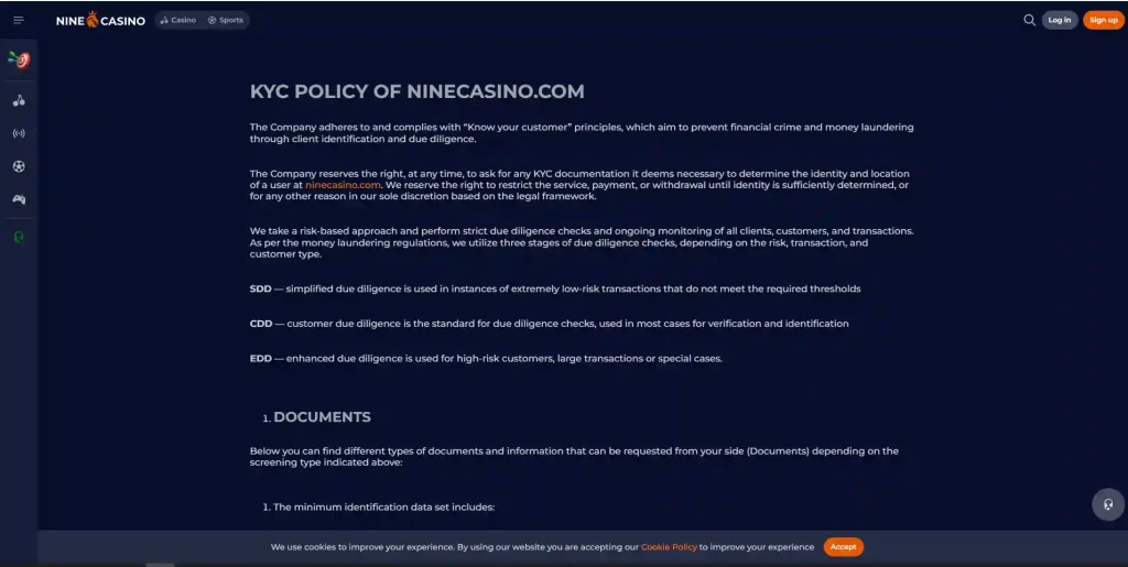 NineCasino verification-policy context for identity and KYC checks
