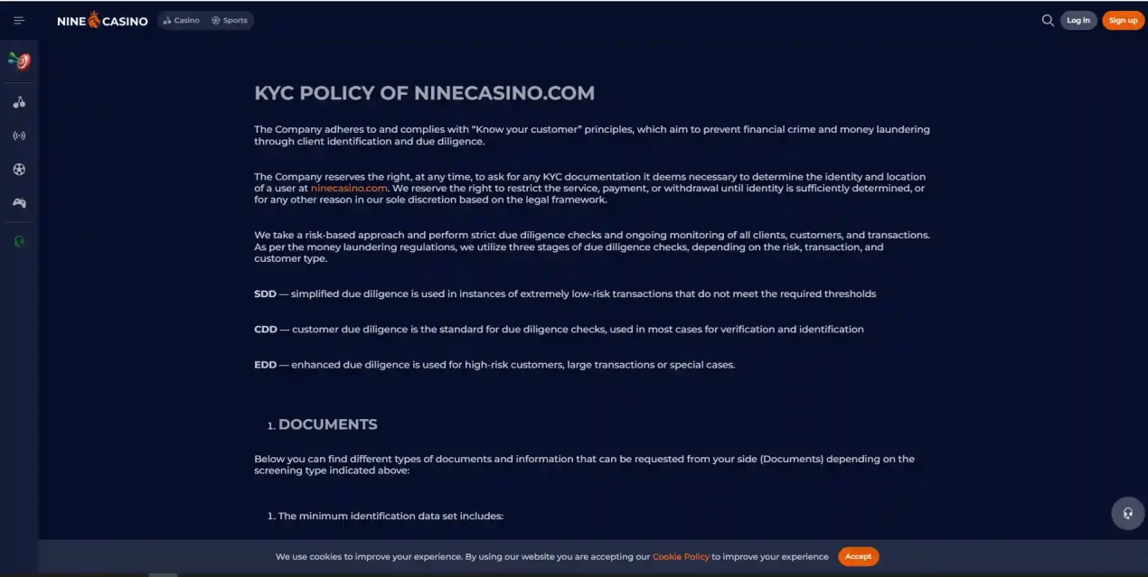 NineCasino verification-policy context for identity and KYC checks