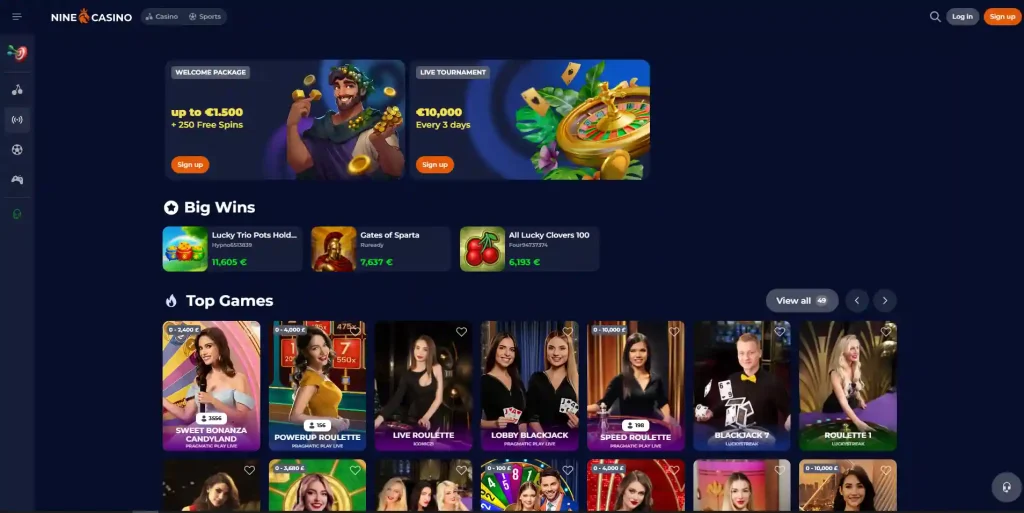 NineCasino live-casino interface context for reviewing tables and providers