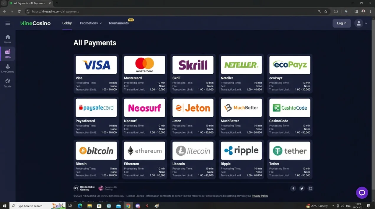NineCasino payment-method context for deposit and cashier checks