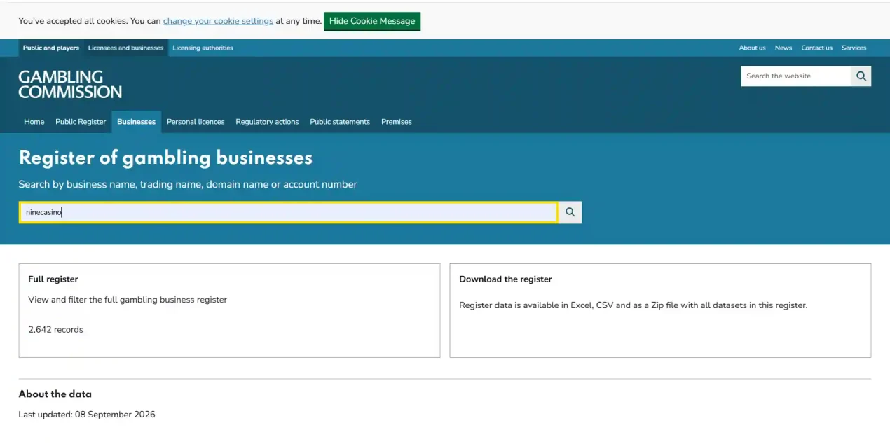 Gambling Commission register context for checking NineCasino licensing claims