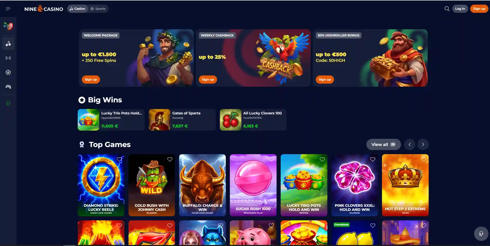 NineCasino homepage interface showing current game-library and support context